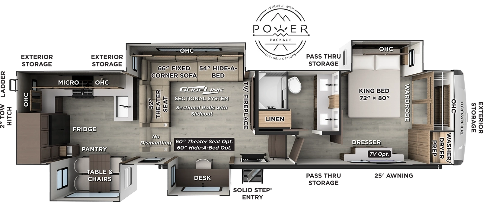 The Rockwood Signature Fifth Wheels 404SRK floorplan has one entry and four slide outs. Exterior features include: fiberglass exterior and 25' awning. Interiors features include: rear kitchen, free-standing dinette option and front bedroom.